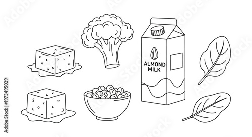 Illustration of healthy plant-based foods including tofu broccoli almond milk and spinach leaves.
