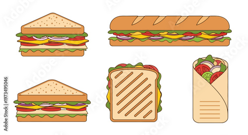Illustration of various sandwich types including club, sub, grilled, and wrap sandwiches.