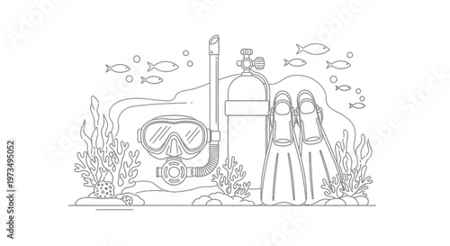 Underwater scene with scuba diving equipment and marine life.