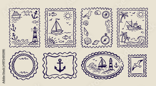 nautical marine sailing patterns, hand drawn ocean voyage, creative maritime travel illustration, decorative anchor and ship graphics, sketchy sea exploration symbols, organic lighthouse beach line ar