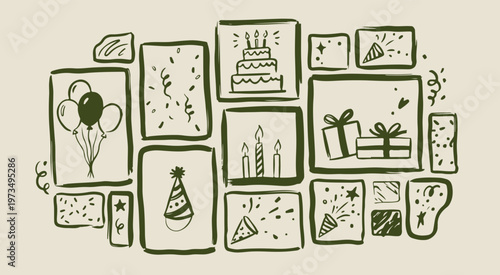 birthday party festive frames, hand drawn celebration borders, creative anniversary event illustration, decorative party hat graphics, sketchy candle and cake symbols, organic holiday greeting line ar