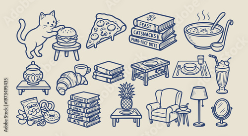 junk food fast food snacks, hand drawn snack collection, creative street food illustration, decorative pizza and burger graphics, sketchy unhealthy eating symbols, organic food court line art, modern 