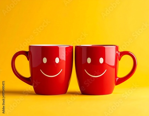 Two red ceramic mugs, each with a smiling face drawn on them, stand side by side against a bright yellow background