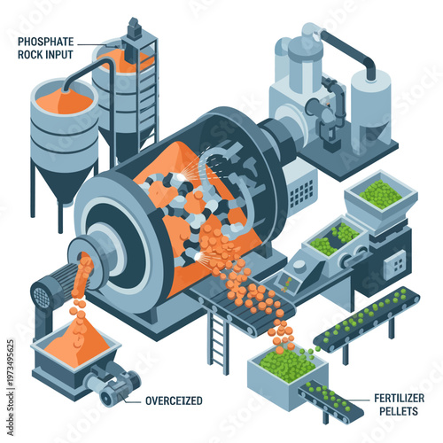 Isometric Illustration of Fertilizer Production Process with Phosphate Rock Input.