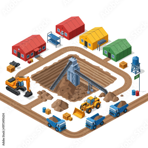Isometric Mining Operation Illustration with Heavy Equipment and Structures.