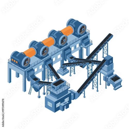 Isometric Coal Processing Plant Illustration with Conveyor Belts.