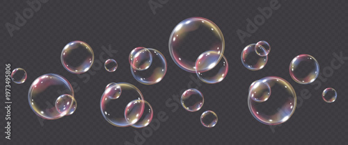 Vector realistic soap bubble isolated on transparent background. Flying colorful png glass bubbles.