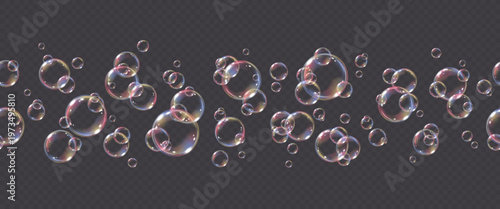 Vector seamless border with realistic soap bubble isolated on transparent background. Flying colorful png glass bubbles.