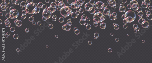 Vector frame with realistic soap bubble isolated on transparent background. Flying colorful png glass bubbles.