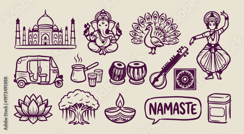 indian culture diwali symbols, hand drawn ganesha illustration, creative traditional festival graphics, decorative peacock and tabla elements, sketchy namaste greeting symbols, organic spiritual hindu