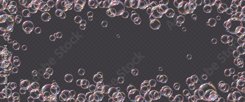 Vector frame with realistic soap bubble isolated on transparent background. Flying colorful png glass bubbles.