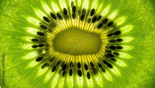 Close-up of a vibrant green kiwi fruit slice with black seeds.