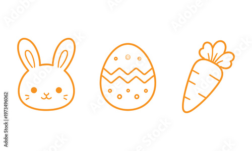 Easter icons with bunny head, decorated egg, and carrot