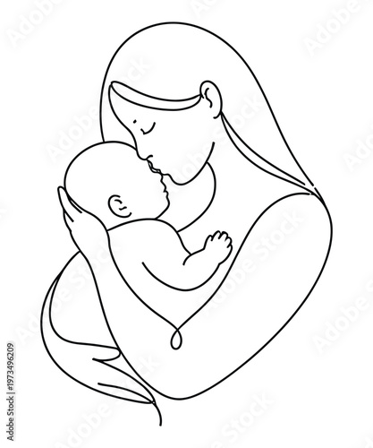 A mother tenderly kissing and holding her newborn baby in her arms lovingly