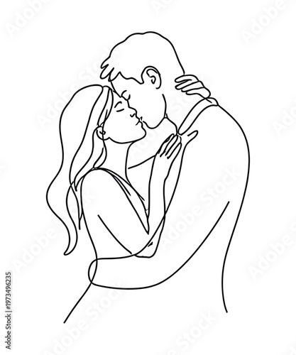 A line drawing of a man and woman about to kiss