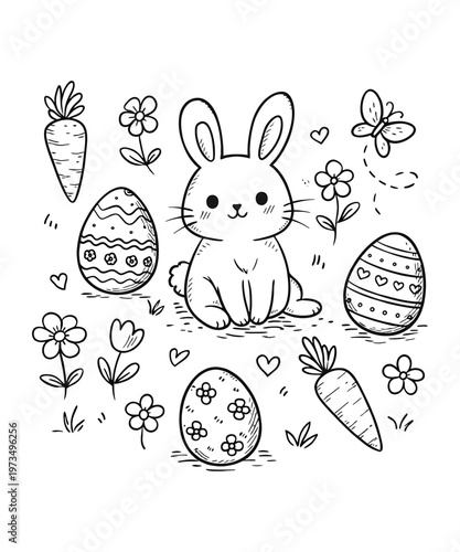 Easter bunny with eggs, carrots, and flowers