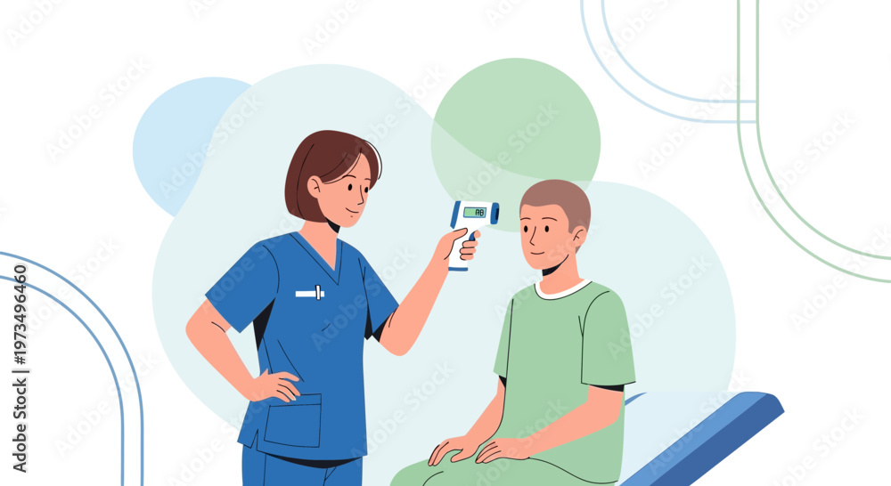 Fototapeta premium Nurse measures patient's temperature with infrared thermometer, health check concept