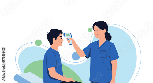 Nurse checking patient's temperature with infrared thermometer during health checkup