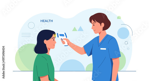 Nurse checks patient's temperature with infrared thermometer, health screening concept