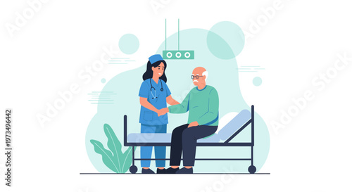 Nurse comforting elderly man on hospital bed, healthcare, medical care, support
