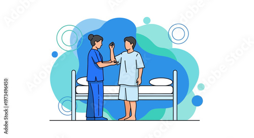 Nurse examining patient's arm in hospital room with bed and abstract blue background