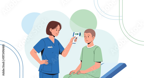 Nurse measures patient's temperature with infrared thermometer, health check concept
