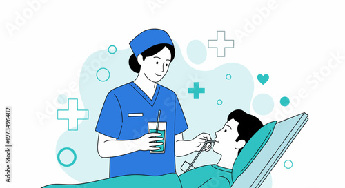 Nurse giving water to patient in bed, medical care, healthcare concept illustration