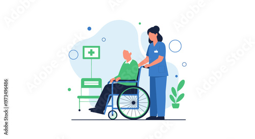 Nurse pushing elderly man in wheelchair in hospital, healthcare concept