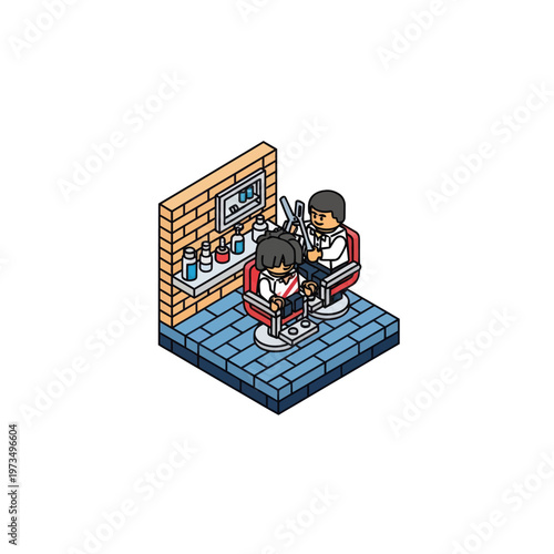 Isometric Barber Shop Scene with Haircut in Progress.