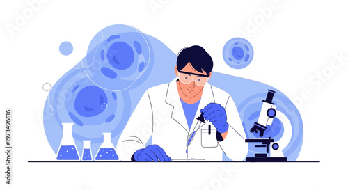 Scientist conducting experiment with microscope and beakers in laboratory, science research concept