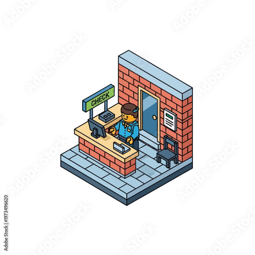Isometric Pixel Art Receptionist at Check-In Desk Illustration.