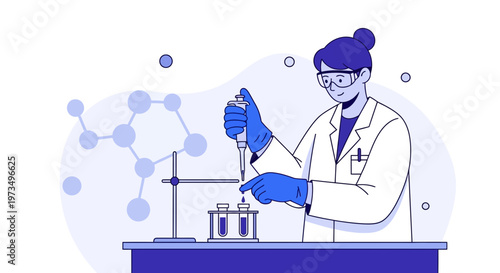 Scientist conducting experiment with pipette in laboratory, molecular structure background