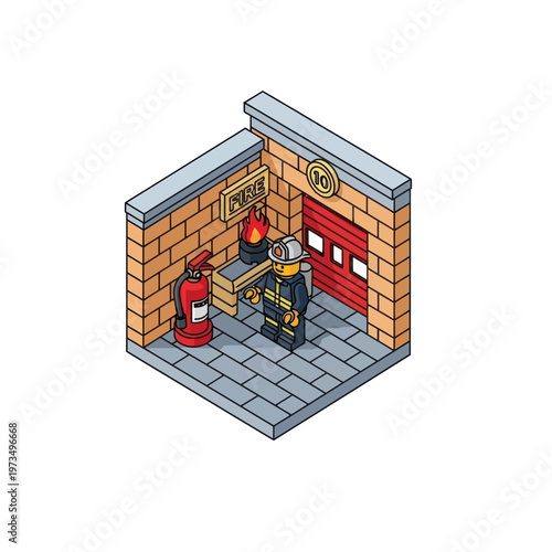 Isometric Fire Station Scene with Firefighter and Equipment.