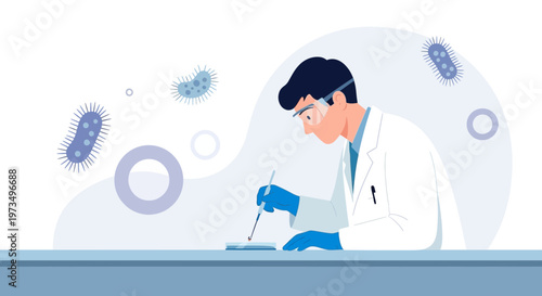 Scientist examining bacteria under microscope in laboratory, science research concept