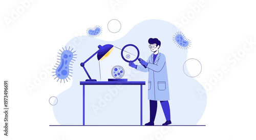 Scientist examining bacteria under microscope with lab equipment and infectious microbes