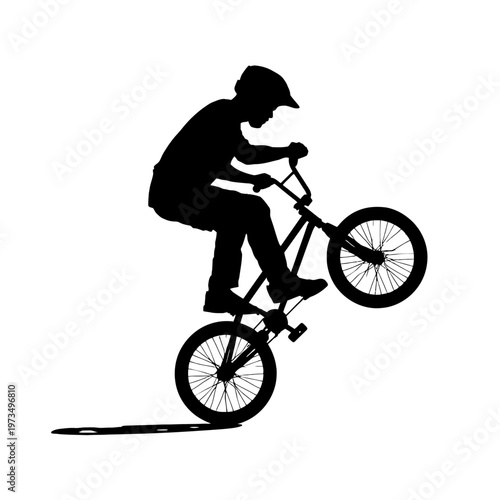 Silhouette of a BMX rider performing a wheelie. The rider is balancing on the rear wheel of his bike, with his front wheel raised high