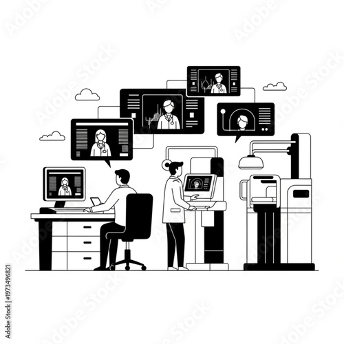 Telemedicine and Remote Healthcare Technology Illustration.