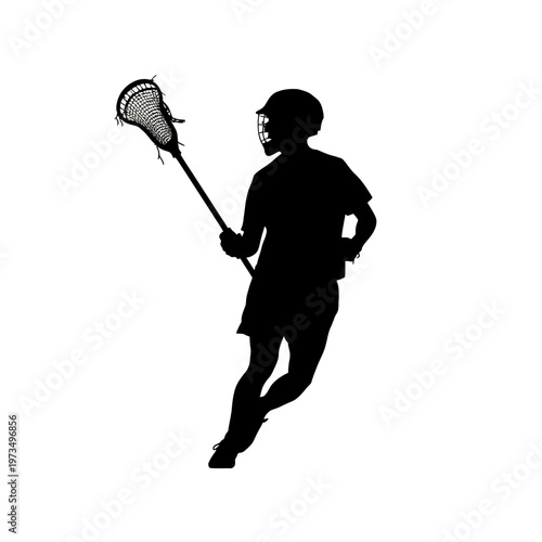 Silhouette of a lacrosse player in action with a stick and protective gear. The player is in motion, ready to compete