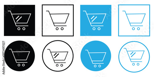 Isolated minimalistic cyan shopping cart icon featuring a clean, geometric design, prominently displayed against a stark white background, perfect for web design eps 10.
