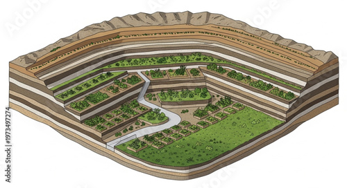 Terraced Landscape Cutaway Illustration - A Detailed Cross-Section of Layered Terrain.