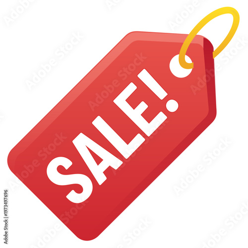 Red Sale Price Tag Vector Icon Illustration. Classic red hanging price tag with "SALE!" text. Professional vector for retail labeling, e-commerce product discounts, and promotional offers.