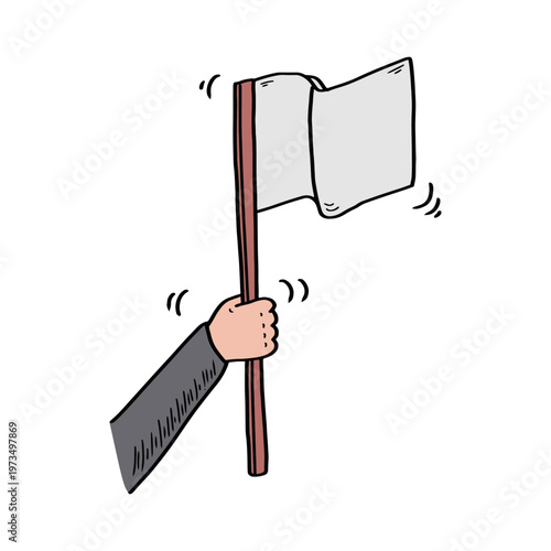 Hand holding white flag vector illustration for surrender or peace. Hand drawn illustration of a person holding a white flag for protest or succes