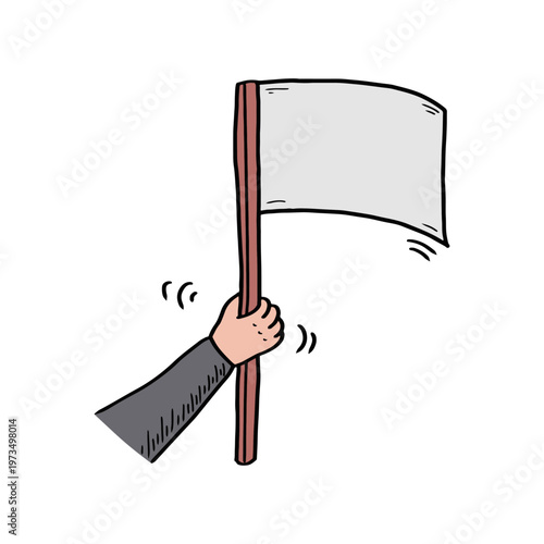 Hand holding white flag vector illustration for surrender or peace. Hand drawn illustration of a person holding a white flag for protest or succes