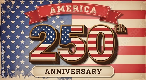 Commemorative American 250th Anniversary design with vintage style, patriotic stars and stripes, and bold typography, celebrating a milestone in United States history.
