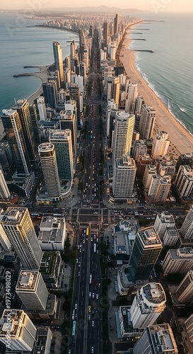 Aerial View of Surfers Paradise, Gold Coast, Australia at Sunset.