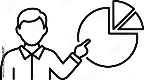 Title business analysis icon man pointing at pie chart representation description a black and white line drawing depicts a person gesturing towards