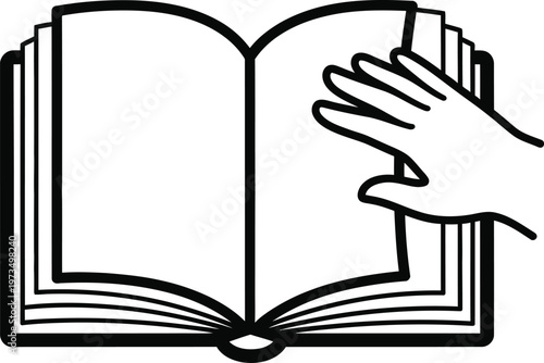 Title open book with hand turning pages a symbol of knowledge and learning description a black and white illustration depicts an open