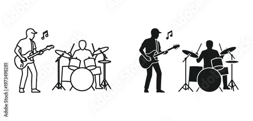 Black and white silhouettes of musicians playing guitars and drums
