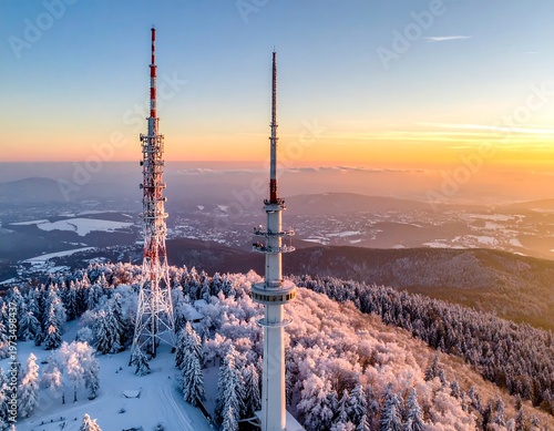 High-angle shot capturing communication towers atop a snow-covered mountain, bathed in the warm hues of a sunrise or sunset