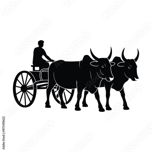Indian farmer driving a traditional bullock cart vector graphic illustration. rural transportation, agriculture.